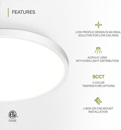 ASD LED 12" Round Flush Mount Ceiling Light Fixture, Low Profile Surface Lighting | 5CCT, Dimmable, Ultra-Thin, ETL Listed | 24W 1900LM 2700-6000K 120V | Kitchen, Hallway Lamp | White, 12 Pack