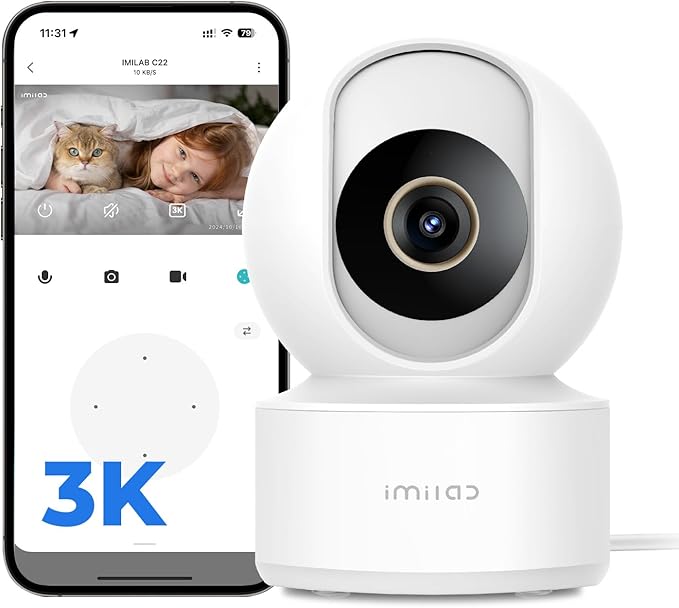 IMILAB C22 3K Security Indoor Camera - 360° View Home Camera with Color Night Vision for Baby/Pet Monitor, Plug-in 2.4Ghz WiFi 6 Inside Cam, 2-Way Audio, AI Detection, Local/Cloud Storage(White)