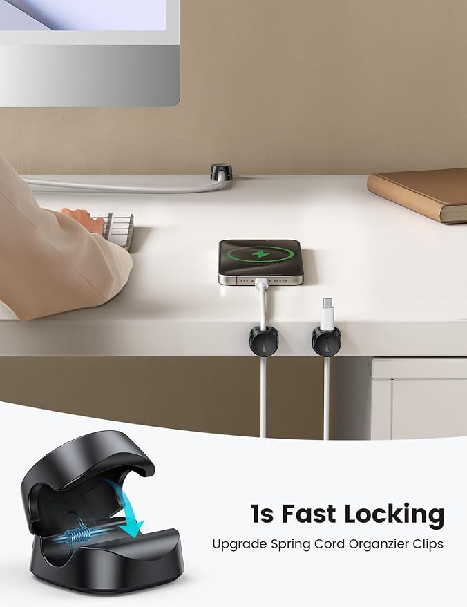 Cord Organizer [1s Lock] Spring Cable Holder Clips - Lamicall 6Pack Desk Cable Management Clips, Phone Charger Cord [Smooth Adjustable], Adhesive Wire Organizer Keeper for Nightstand Wall Car Office