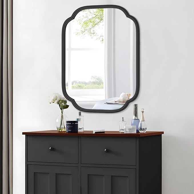 Black Bathroom Mirror for Wall, 18" x 24" Rectangular Wall Mirror for Bathroom Metal Frame Farmhouse Rounded Corner Wall Mirror (Horizontal/Vertical)