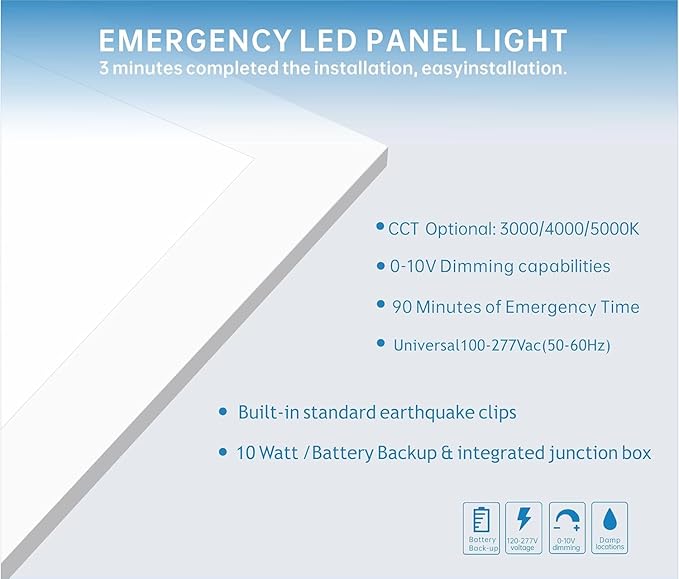 2X2 LED Flat Panel Light Emergency Battery Backup, 40W-3000K/4000K/5000K, 0-10V Dimmable, 4390 Lumens, LED Drop Ceiling Light, 100-277V, DLC and UL Listed, Ultra Thin Back-Lit (4 Pack)
