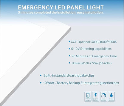 2X2 LED Flat Panel Light Emergency Battery Backup, 40W-3000K/4000K/5000K, 0-10V Dimmable, 4390 Lumens, LED Drop Ceiling Light, 100-277V, DLC and UL Listed, Ultra Thin Back-Lit (4 Pack)