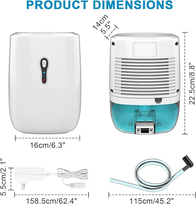 Dehumidifier with Drain Hose. Litever Small Portable Dehumidifier. Auto-OFF. Drain Hose for Continuous Drainage. Effective for Small Bathroom Pantry Closet Basement Wardrobe Gun safe RV Trailer Camper