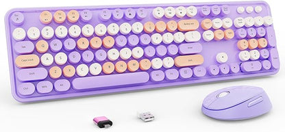 Nowlike Wireless Keyboard and Mouse Combo, Retro Typewriter Keyboard with Round Keycaps, Full-Size Ergonomic, Purple, Ideal for Windows PC, Home, Office, and College