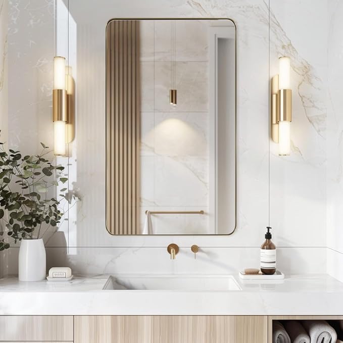 ANDY STAR 30"x48" Brass Gold Bathroom Mirror, Large Wall Mirror for Bathroom, Rounded Rectangle Mirror in Premium Stainless Steel Metal Frame Hangs Horizontal Or Vertical (Brushed Gold)