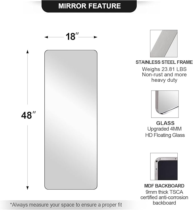 ANDY STAR 18" x 48" Full Length Wall Mirror, Large Polished Chrome Mirror for Bathroom, Rounded Corner Rectangle Body for Floor and Leaning