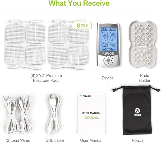 AUVON Rechargeable TENS Unit Muscle Stimulator, 24 Modes 4th Gen TENS Machine with 8pcs 2"x2" Premium Electrode Pads for Pain Relief