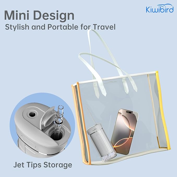 KIWIBIRD Mini Water Flosser for Travel, Ultra-Portable Cordless Oral Irrigator with UVC Light, IPX8 Waterproof 3 Modes, 230mL Teeth Cleaner for Tonsil Stones & Braces Care - Home & Travel (Grey)