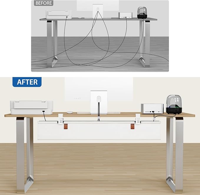 Zilink Large Cable Management Under Desk 40" No Drill Desk Cable Management Clamp/Screw Mount Fabric Cable Tray Sturdy Waterproof Cable Organizer for Office, Home, White