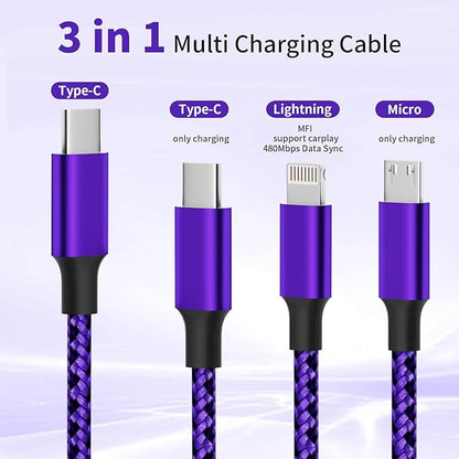 USB C Multi Charging Cable, (2 Pack 4FT), 3 in 1 Charging Cable Nylon Braided Universal Charger Cable with Type-C, Micro USB,IP Port for iPhone16/15 Series/Cell Phones & Pads and Other Devices-Purple