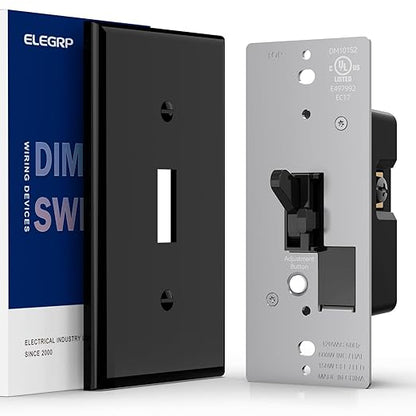 ELEGRP Digital Toggle Dimmer Switch for Dimmable LED, CFL and Incandescent Light Bulbs, Single Pole or 3-Way Toggle LED Dimmer Light Switch, Wall Plate Included, UL Listed, 1 Pack, Black