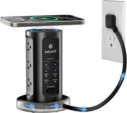 Kakyanill 115W USB Charging Station, Surge Protector Power Strip Tower, 9 AC Outlets with 8 USB Ports(4 USB-C), 6Ft Flat Plug Retractable Extension Cord, for Home Office Dorm, Black