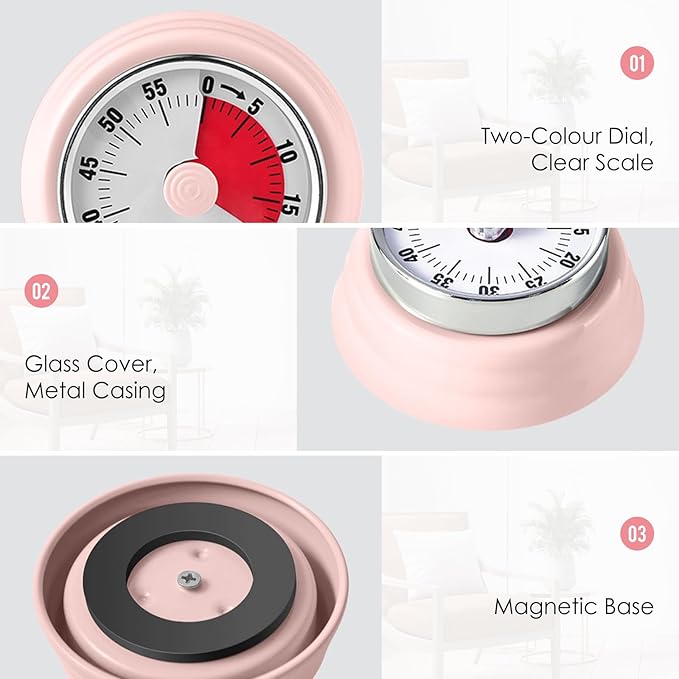 Visual Timer, Teeloray 60-Minute Countdown Timer, Kitchen Timer with Magnetic Base, Mechanical Clockwork, Ringer Alert, Time Management Tool for Children and Adults, Study/Work/Cooking (Pink)