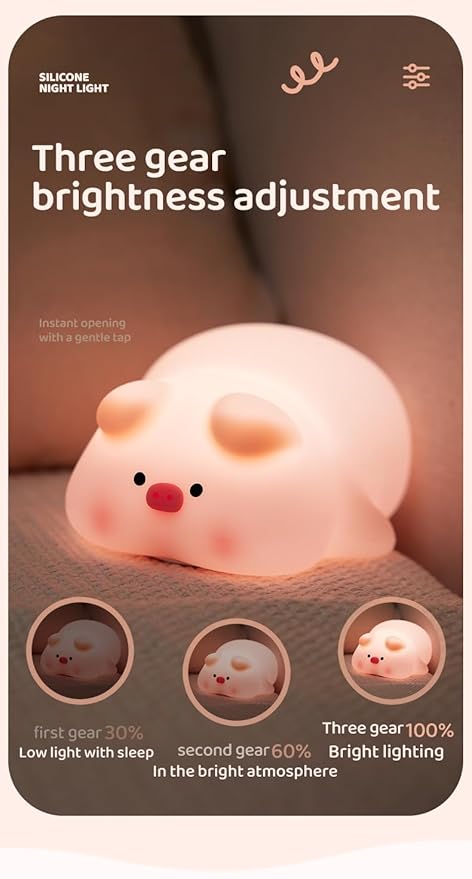 ATSUI Pig Night Light for Kids, Food Grade Silicone, Rechargeable, Tap Fun Kawaii Lamp for Kids Room, Adjustable Brightness, Cute Stuff for Boys Girls, Cute Gifts for Baby Children