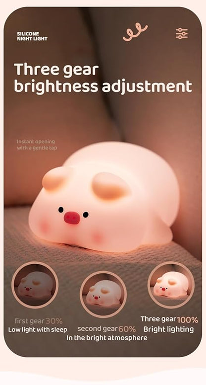 ATSUI Pig Night Light for Kids, Food Grade Silicone, Rechargeable, Tap Fun Kawaii Lamp for Kids Room, Adjustable Brightness, Cute Stuff for Boys Girls, Cute Gifts for Baby Children