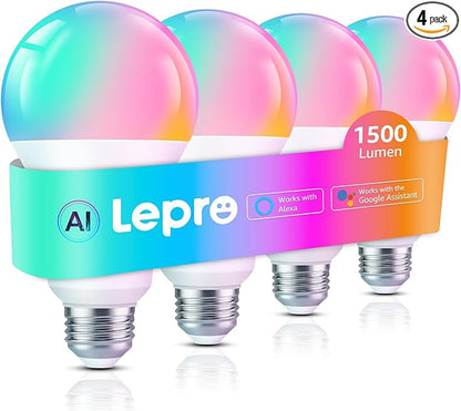 Lepro B3 AI Smart Light Bulbs - 1500LM 100W Equivalent A21 Bulb, WiFi & Bluetooth RGBWW Color Changing, Works with Alexa & Google Assistant, AI Voice Control by App, Music Sync, 2.4GHz Only (4 Pack)