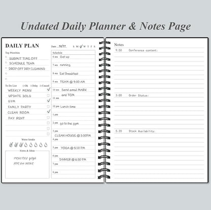 Daily Planner Undated - A5 To Do List Notebook Hourly Schedules, Spiral Appointment Planner for Women and Men, PVC Hardcover, Inner Pocket, Elastic Closure, 5.8" x 8.3", Black