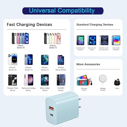 USB C Wall Charger Block, 3Pack 20W Dual Port PD Fast iPhone 16/15 Charger USB C Wall Charger Adapter + USB A Quick Charging Brick Plug for iPhone 15/14/13/12/11/Pro Max/Plus/XS/XR/X,iPad,AirPods-Blue