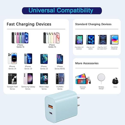 USB C Wall Charger Block, 3Pack 20W Dual Port PD Fast iPhone 16/15 Charger USB C Wall Charger Adapter + USB A Quick Charging Brick Plug for iPhone 15/14/13/12/11/Pro Max/Plus/XS/XR/X,iPad,AirPods-Blue