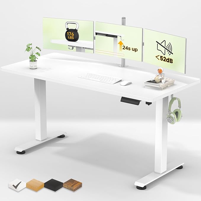 Veken 55 Inch Large Electric Standing Desk,Sit to Stand Up, Heights Adjustable, Work Home Office Computer Table for Study, Walking Pad, Writing, and Games, Wooden Desktop Desks, White