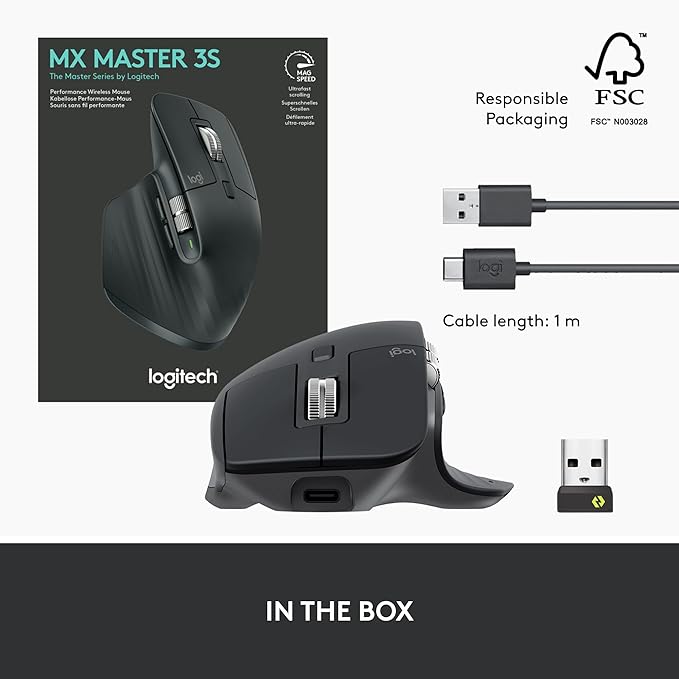 Logitech MX Master 3S Wireless Mouse Standard Edition with Logi Bolt USB Receiver, Ultra-fast Scrolling, Ergo, 8K DPI, Track on Glass, Quiet Clicks, USB-C, Bluetooth, Windows, Linux, Chrome - Graphite