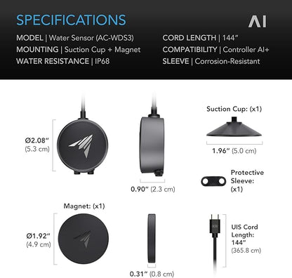 AC Infinity Water Detection Sensor Exclusively for AI Controllers, Monitor Presence of Water in Gardens, Grow Tents, Grow Spaces, Suction and Magnetic Mounting, IP68 Seal Protection