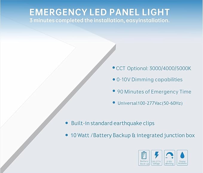 2X4 LED Flat Panel Light with Emergency Battery Backup, 50W 3000K/4000K/5000K, 0-10V Dimmable, 6500 Lumens, LED Drop Ceiling Lights, 100-277V, DLC UL Listed, Ultra Thin Back-Lit (30 Pack)