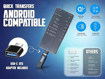 USB Audio Note Device 288-Hour Storage | Hands-Free Audio Capture | Extended Battery Life | Easy File Transfer | Compact Device for Meetings, Lectures & Personal Notes