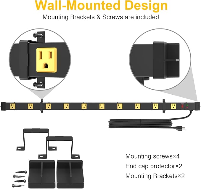 10 Outlet Surge Protector, Long Metal Wide Spaced Garage Industrial Power Strip, Heavy Duty with 6 FT Cord, 15A, 125V, 1875W, 2700 Joules, 2Pack, SGS Listed