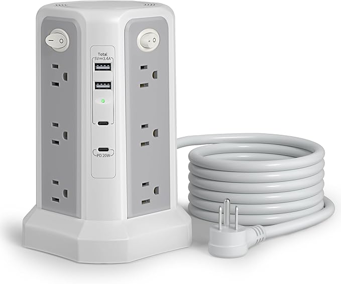 Long Extension Cord 10FT 1625W|13A with Multiple Outlets, Surge Protector Power Strip Tower with 4 USB(2 USB C) Ports, Flat Plug 1800J Overload Protection for Home Office DormRoom Essentials