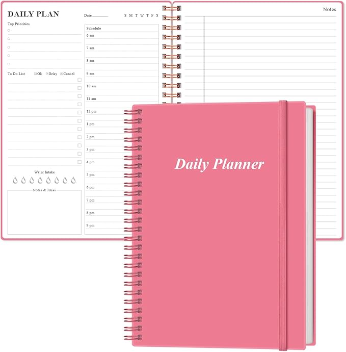 Daily Planner Undated - B5 To Do List Notebook Hourly Schedules, Spiral Appointment Planner for Women and Men, PVC Hardcover, Inner Pocket, Elastic Closure, 7" x 10", Pink