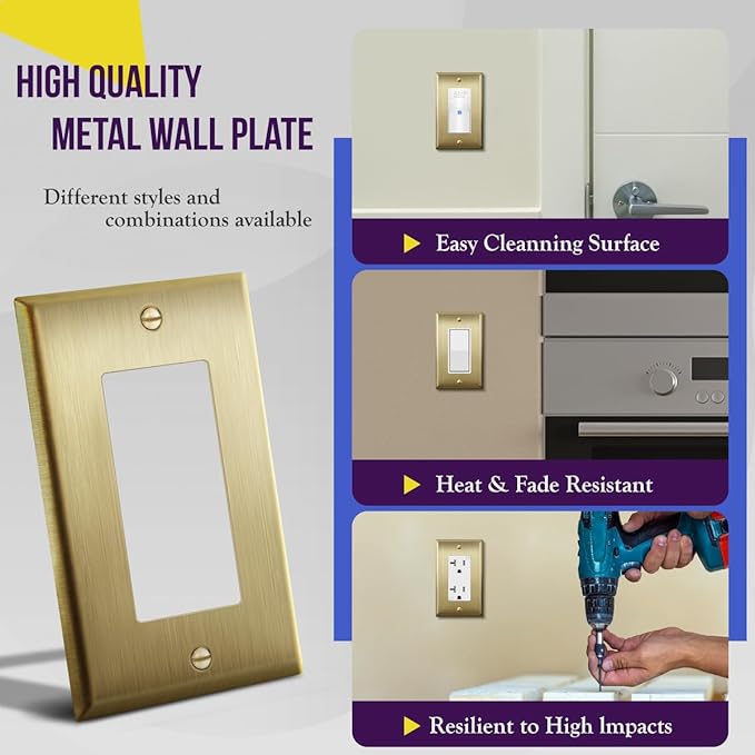 ENERLITES Decorator Switch or Outlet Metal Wall Plate, Stainless Steel Outlet Cover, Corrosion Resistant, Size 1-Gang 4.50" x 2.76", Stainless Steel 201, 7731-BB, Brushed Brass, Gold