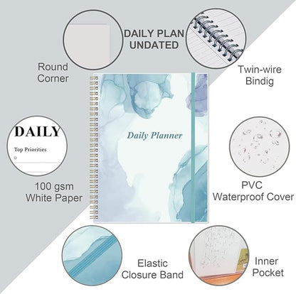 Daily Planner Undated - 8.5" x 11" To Do List Notebook Hourly Schedules, 150 Sheets/300 Pages Spiral Appointment Planner for Women and Men ,PVC Hardcover, Inner Pocket, Elastic Closure, Blue