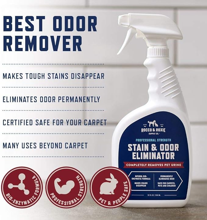 Rocco & Roxie Supply Co. Stain & Strong Odor Eliminator, Enzyme Cleaner, Pet Odor Eliminator for Home - Carpet Stain Remover for Cats & Dog Pee - Urine Destroyer - Carpet Cleaner Spray, 1-Gallon