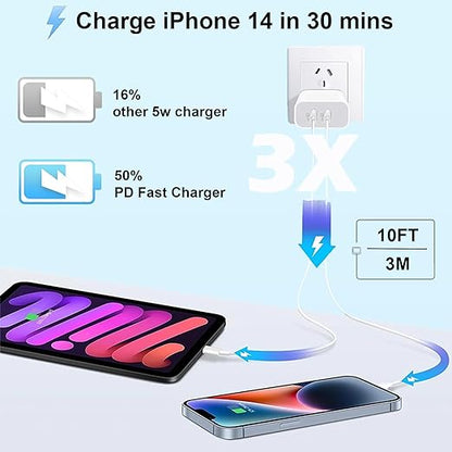 iPhone Charger Fast Charging 10 ft,[Apple MFi Certified]2Packs PD USB C Wall Charger Block 2in1 Adapter Apple Fast Charger 10FT USB C Lightning Cable for iPhone 14 Pro Max/14 Pro/14/13/12/11 Pro Max/X