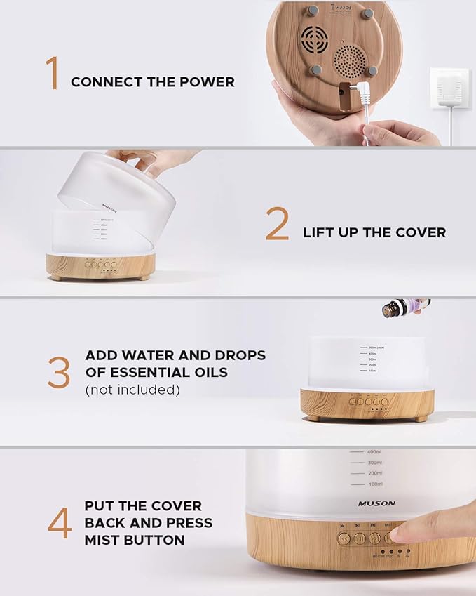 muson Essential Oil Diffuser Sound Machine Combo Diffuser for Aromatherapy Fragrant Oil Cool Mist Humidifier with Natural Sound Music & Warm Night Light, Auto Shutoff, White