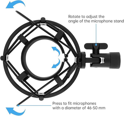 Anti-vibration Microphone Shock Mount for 46mm-50mm Condenser Microphones with Pop Filter for Broadcasting Studio Music Recording, Wind Pop Screen Flexible 360 Degree Gooseneck Clip Arm
