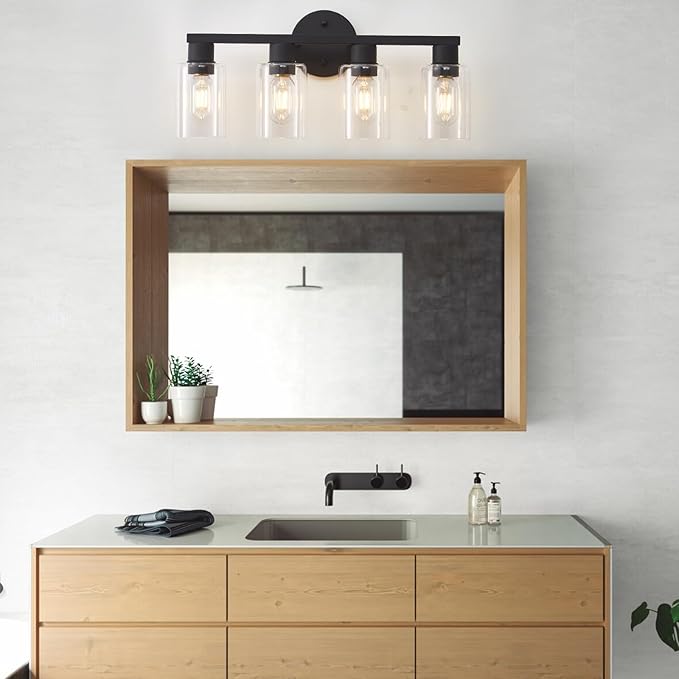 4 Light Bathroom Vanity Light, Matte Black Bathroom Light Fixtures with Clear Glass Shade, 4-Light Vanity Lights, Black Lighting Fixtures for Bath Mirror Bedroom Living Room Hallway Porch