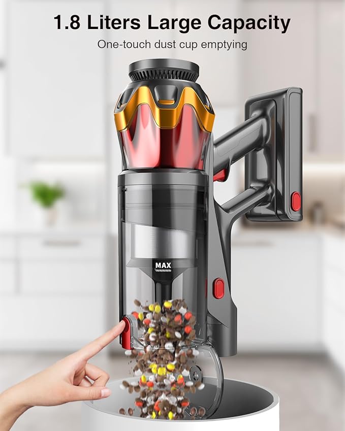 Cordless Vacuum Cleaner, 650W 55KPa 70Mins Vacuum Cleaners for Home, Self-Standing Stick Vacuum with Anti-Tangle Brush & OLED Touch Screen, Vacuum Cleaner for Hardwood Floors,Carpet,Pet Hair,Car (Red)
