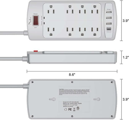Surge Protector Power Strip - Nuetsa Flat Plug Extension Cord with 8 Outlets and 4 USB Ports, 10 Feet Power Cord (1625W/13A), 2700 Joules, ETL Listed, Grey