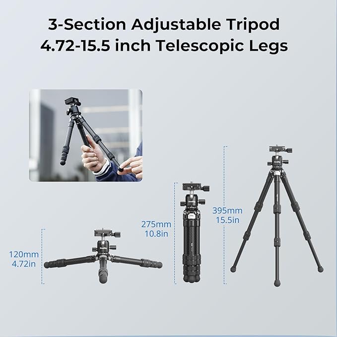 SmallRig Carbon Fiber Mini Desktop Tripod, 15.5'' / 39.5cm Compact Pocket Tabletop Tripod Kit with 360° Ball Head, Built-in QR Plate for Arca, Ball Head Capacity 3kg / 6.6lb for Cameras, DSLRs, Lenses