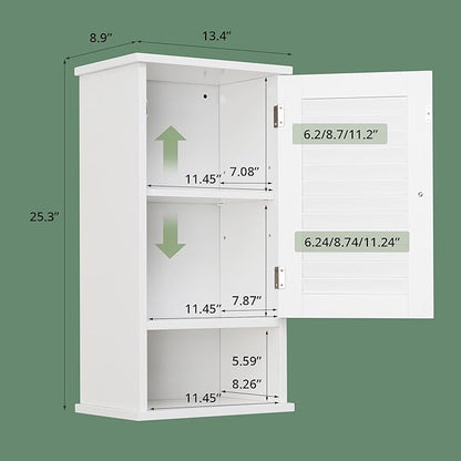 Small Bathroom Wall Cabinet, Slim Single Louvered Door Narrow Over The Toilet Storage, Adjustable Shelves, Space Saver Organizer, 13.4x8.9x25.3 inches