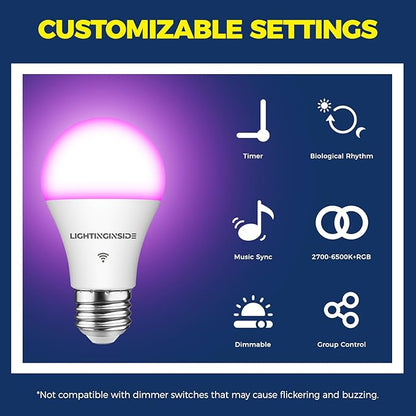 Lightinginside Smart Light Bulbs 6 Pack, Smart Bulb Works with Alexa/Google Home/Smart Life, CRI>90, RGBCW Color Changing LED Light Bulbs, 2.4G WiFi Bluetooth A19 E26 Bulb, No Hub Required, ETL Listed