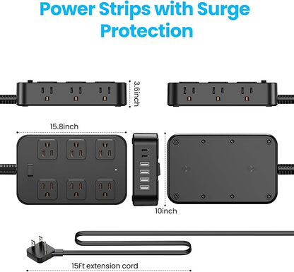 Solidock Flat Plug Power Strip Surge Protector with 12 AC Outlets 6 USB Ports 3 Side Multi Plug Outlet Extender 15 Ft Extension Cord for Home Office Kitchen Dorm Wall Desk Charging Station ETL Listed