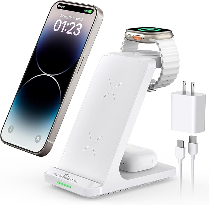 Wireless Charging Station, 3 in 1 Fast Wireless Charger Stand for Multiple Devices Apple Watch Ultra Series 11 10 9 8 7 6 SE 5 4 3 2, iPhone 17 16 15 14 13 12 11 Pro Max/Plus/Air/X/XS/XR/SE, Airpods