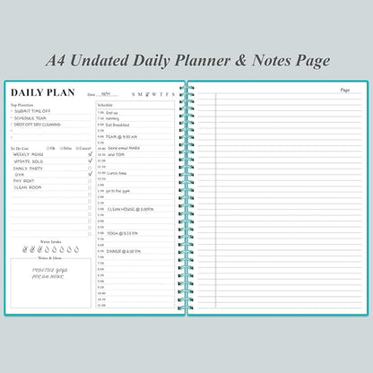 Daily Planner Undated - A4 To Do List Notebook Hourly Schedules, Spiral Appointment Planner for Women and Men,PVC Hardcover, Inner Pocket, Elastic Closure, 8.5" x 11", Teal