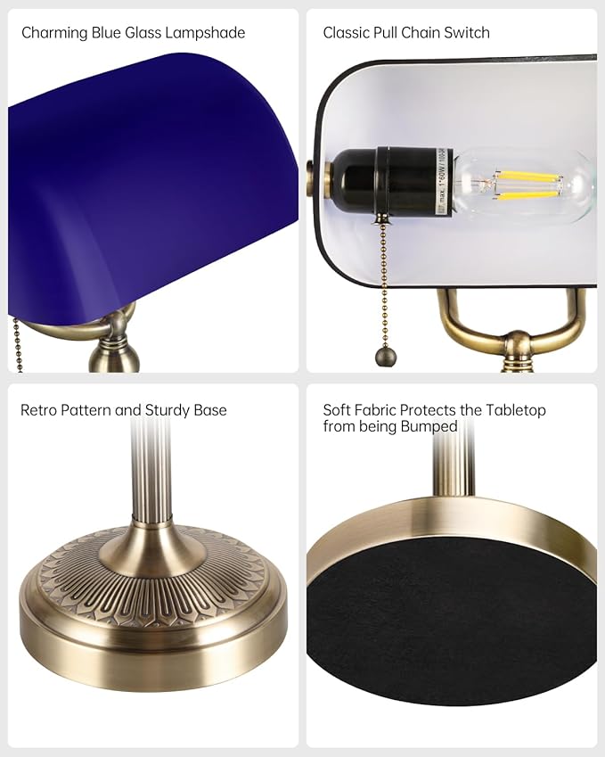 Newrays Blue Glass Bankers Desk Lamp with Pull Chain Switch Plug in Fixture for Home Office,Library
