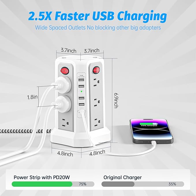 Power Strip Tower Surge Protector with PD20W USB C, 6FT Desktop Extension Cord Charging Station with 12 AC Multiple Outlets 5 USB Ports, Charger Tower Multiple Protections for Home Office Supplies