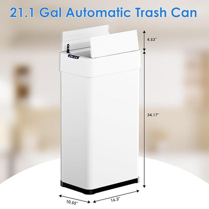 TLSUNNY 21.1 Gallon Automatic Trash Can, Stainless Steel Motion Sensor Garbage bin, Smart Trash Can W/Butterfly Lid, Bag Retainer Ring and Display Light for Living Room,Kitchen,Office (White, 80L)