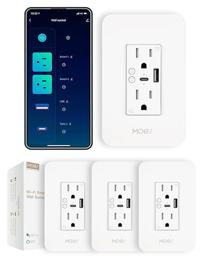 MOES Smart USB Wall Outlet Receptacle with Type-C & Type-A Charger, 2.4GHz Wi-Fi in-Wall Plug Socket 4 Pack, Remote Individual Control On/Off 15Amp, NO Hub Required